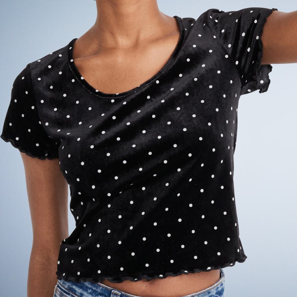 Abercrombie & Fitch Y2K Black Velvet Polka Dot Lettuce Trim Baby Tee Small